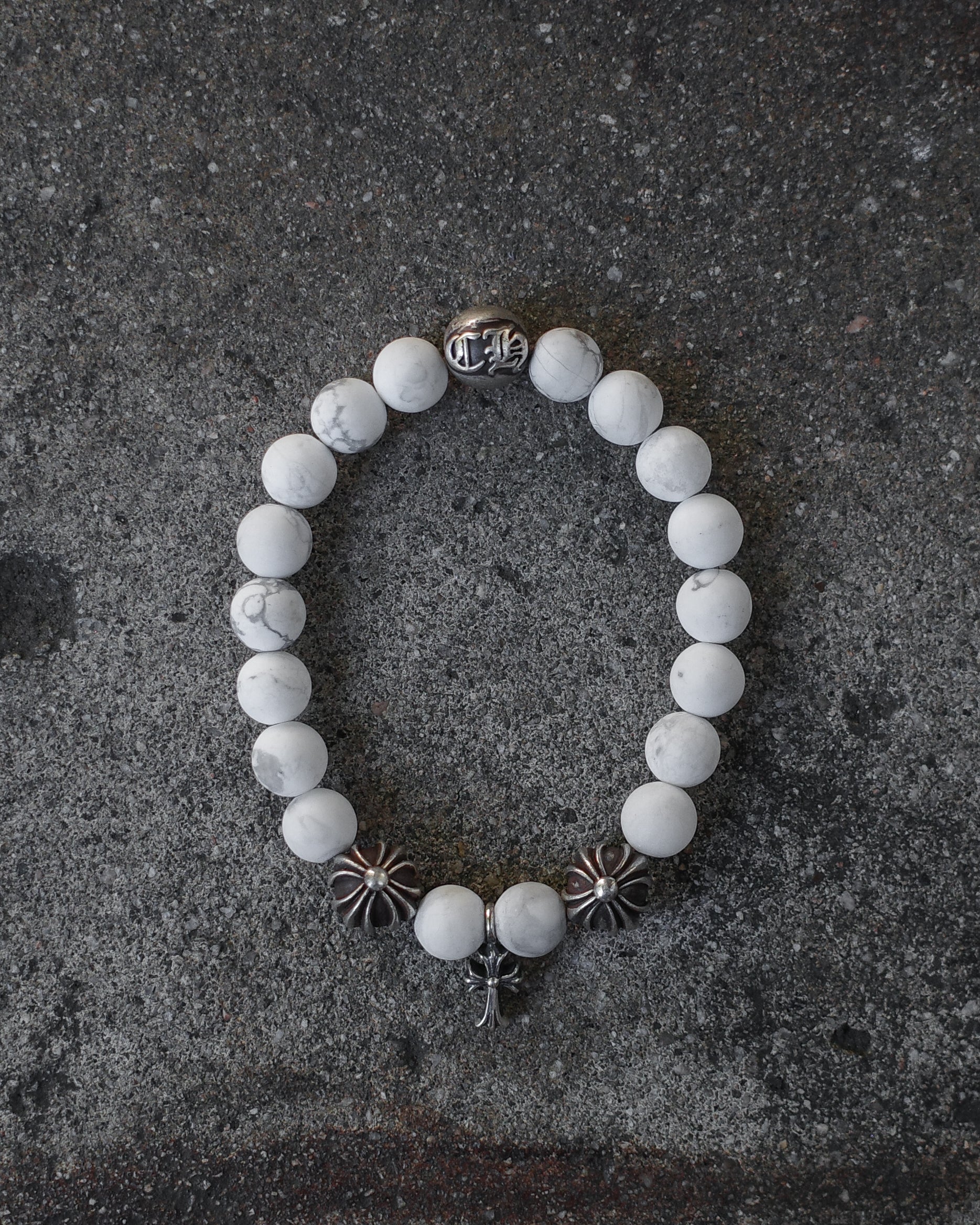 Chrome Hearts Howlite 8mm 3 Bead Bracelet w Tiny Cross Charm